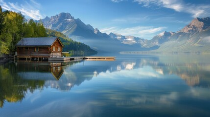 Fototapeta premium A peaceful lakeside scene with a small wooden cabin, a dock extending into the calm water, and mountains reflected in the lake