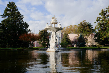 White fountain with swans in Besiktas palace in Istanbul, Turkey.