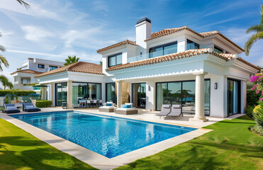 Fototapeta premium A stunning modern luxury villa featuring a large swimming pool, outdoor seating areas, and a spacious patio. The villa has a tiled roof and large glass doors, surrounded by lush greenery