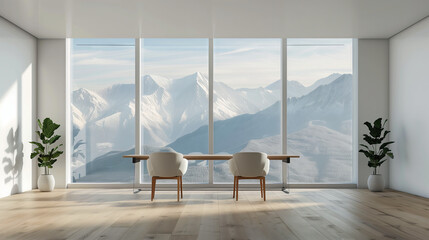 A minimalist office space featuring two chairs and a desk facing large panoramic windows with a breathtaking view of snow-capped mountains. The room is bright with natural light