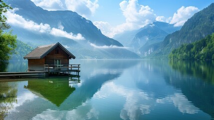 Fototapeta premium A peaceful lakeside scene with a small wooden cabin, a dock extending into the calm water, and mountains reflected in the lake