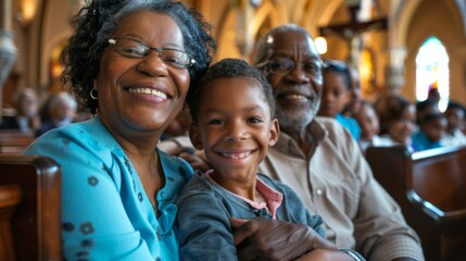 African American family smiling and embracing faith and love as they sit together in a beautiful church, radiating joy on a sunny day