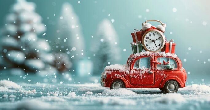 Festive miniature red car with gifts and clock in snowy winter scene