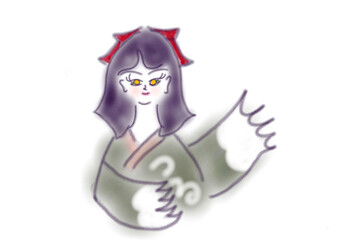 赤いリボンに、おかっぱ頭の、鶴をイメージした女性