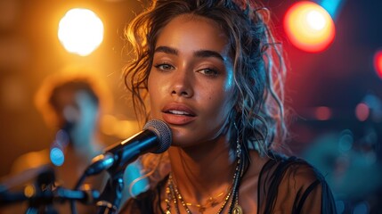 Female Singer Supported By Drummer And Backing Vocals In The Studio, Collaborative And Vibrant, High Quality Background