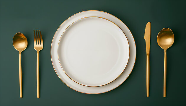 Crockery and golden cutlery on a dark green background, table top view, above. Flat lay design. Ceramic empty plates, utensils for serving. Trendy tableware set for serving, beige luxury dishes