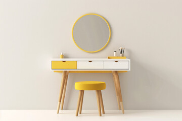 a yellow and white vanity with a round mirror