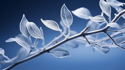 white branch with transparent leaves on a blue background. fantastic plant with a winter vibe