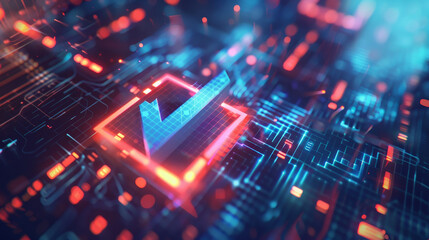 Obraz premium Digital Check Mark Icon on Futuristic Tech Background: Productivity and rating evolution. CGI 3D render featuring a checkmark icon and digital chart in the context of technological progress and in