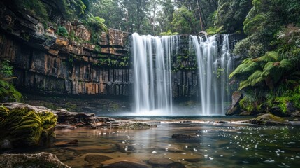 Fototapeta premium A powerful waterfall cascading down cliffs into a crystal-clear pool, surrounded by lush greenery 