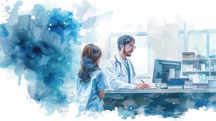 A doctor and a patient consult in a medical office. Watercolor style. Healthcare, medicine, hospital.