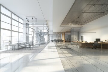 Obraz premium Modern open office space with large windows bright and spacious digital illustration