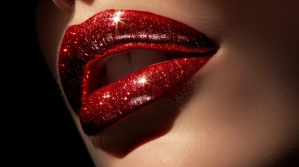 Obraz premium A close-up of a woman's lips coated in glossy, shimmering lipstick, reflecting the light and creating a luscious, alluring shine that enhances her beauty and style.