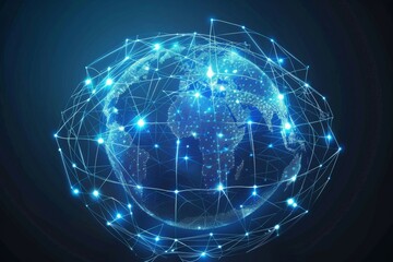 Obraz premium A digital art illustration depicting a worldwide network connection, showcasing a realistic and intricately detailed image of interconnected nodes and lines spanning the globe.