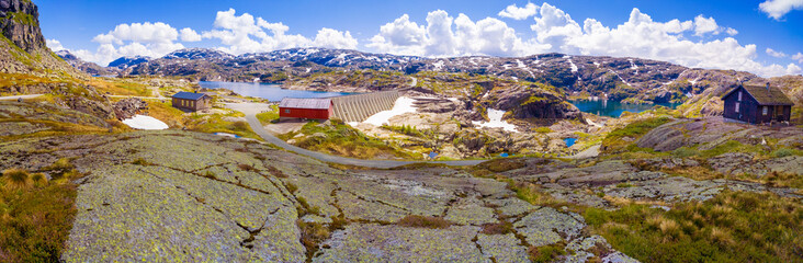 Panoramic mountain view. Svartavatnet lake, Staudamm. Sauda, Sauda Municipality, Norway