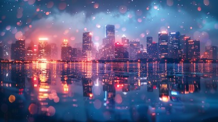 A glittering cityscape at night, with lights from buildings and streets reflecting off the water, creating a magical and enchanting scene.