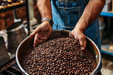Hand holding roasted coffee beans, roasting machine in background