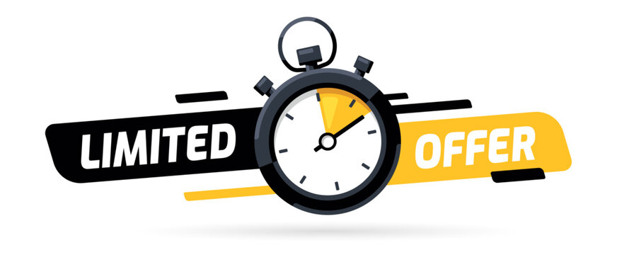 Limited offer with clock for promotion, banner, price. Super promo with countdown or exclusive deal. Last minute offer one day sales and timer. Last minute chance Auction tag