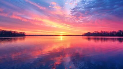 Naklejka premium A mesmerizing sunset over a tranquil lake, with the sky painted in stunning hues of orange, pink, and purple, reflecting off the calm water surface.
