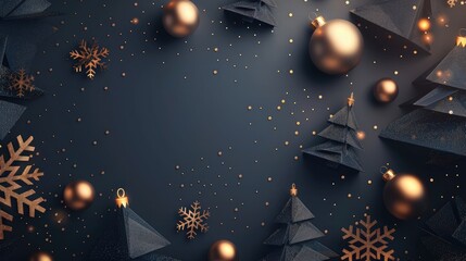 Christmas-themed background with geometric snowflakes, minimalist trees, and abstract ornaments in a monochromatic palette with metallic accents, perfect for text placement