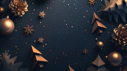 Christmas-themed background with geometric snowflakes, minimalist trees, and abstract ornaments in a monochromatic palette with metallic accents, perfect for text placement