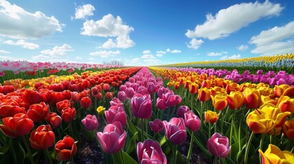 A serene landscape of a tulip field in full bloom, where rows upon rows of flowers create a multicolored mosaic of vivid reds, pinks, yellows, and purples under the bright blue sky