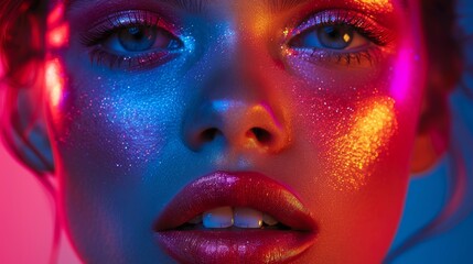 A stunning portrait of a woman with bold, chromatic makeup, featuring intensely rich and saturated colors on her eyes and lips, set against a contrasting background that enhances t