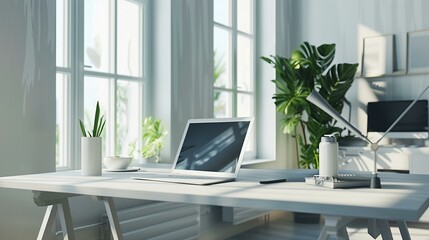 Fototapeta premium Modern Workspace with Desk, Notebook, and Digital Tablet for Education