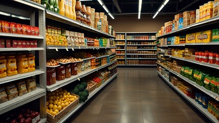 Fototapeta premium Detailed view of fully stocked grocery store aisle showcasing diverse food products on shelves.