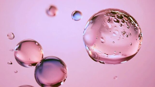 Cosmetics pink serum liquid bubbles 3d abstract background. Cosmetic moisturizer essence gel. Collagen fluid bubble molecule. Moisturizing cream or oil for personal health care and beauty skin concept