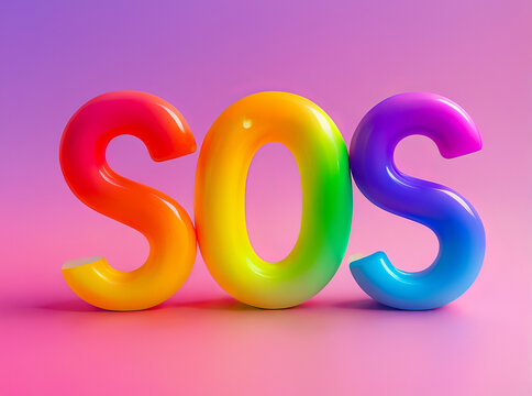 Text SOS of rainbow color on multicolor background