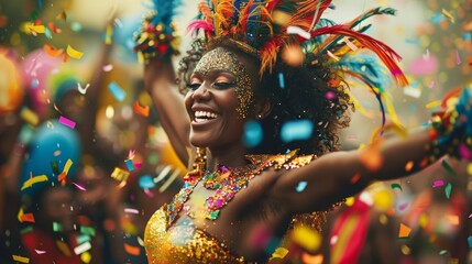 An artistic shot of a dancer in mid-air, wearing a bright and colorful costume, with confetti and streamers swirling around them, capturing the dynamic energy and festive spirit of