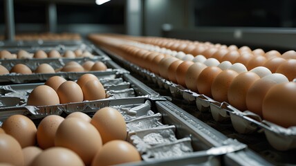 Concept with automated food production. eggs, tape in the food industry, products ready for automatic packaging. 