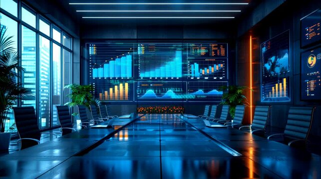 Futuristic conference room with digital charts and graphs on large screens. Business technology concept