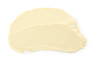 Sample of delicious hummus isolated on white, top view