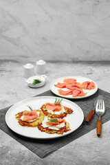 Potato pancake with salmon and cream cheese