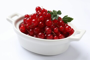 Ripe red currants with green leaves in bowl isolated on white