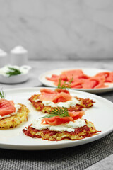 Closeup view of potato flapjacks with salmon