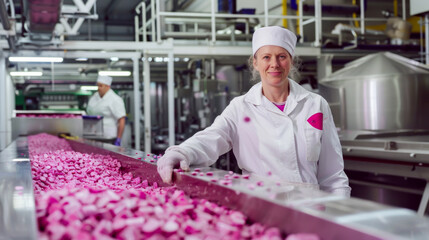 Portrait of a young woman in a special uniform and a hygienic pink mask for working in a modern food factory. Factory worker working on a line indoors. Industry concept.
