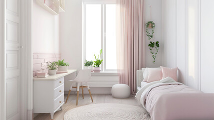 Children's room in pink and white colors.