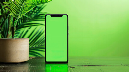 Smartphone with green screen on wooden table and green wall background.