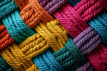 Colorful yarn in a close-up shot, showcasing various hues and textures, A tightly woven fabric texture highlights individual threads AI generated