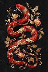Fototapeta premium Intricate Red and Gold Snake Illustration with Floral Elements on Black Background - Perfect for Tattoo Designs, Art Prints, and Decorative Projects