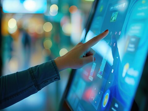 Woman Using a Touchscreen Kiosk in a Modern Setting