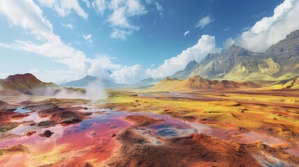Naklejka premium Vibrant geothermal landscape with steaming hot springs, colorful mineral deposits, and mountains under a bright blue sky.