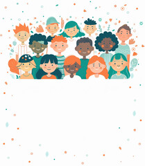 Vertical poster design for school with illustrated multiracial junior classmates friends. Happy students image with copy space for text.