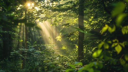 Obraz premium Sunlight streaming through lush green forest, creating a serene and peaceful atmosphere in the wilderness.
