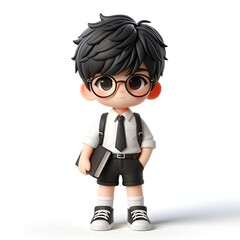 Black haired male character wearing glasses in school uniform Standing holding a book in the center