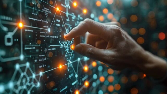 A hand interacts with a digital screen displaying a complex network of lines and nodes, representing the various applications of CAD, FE, and other technologies.