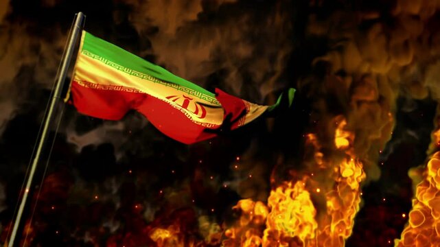 waving Iran flag on burning fire bg - catastrophe concept